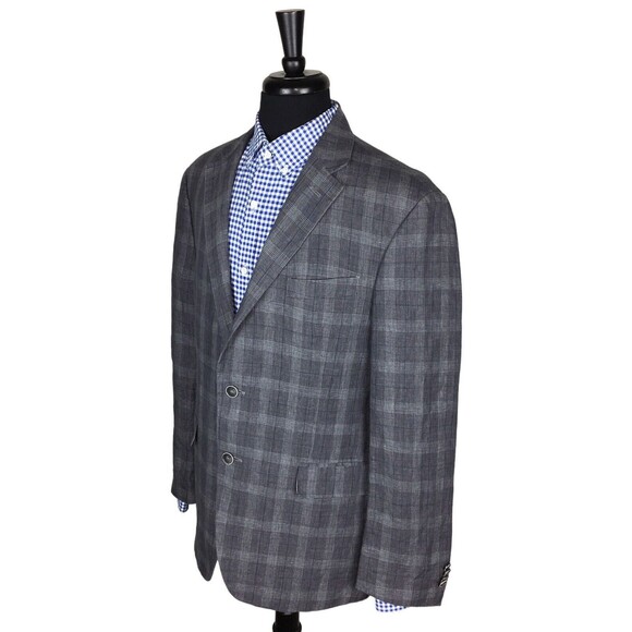 Joseph Abboud Tailored Fit 100% Linen Blue/Gray Plaid Sport Coat Blazer 41R